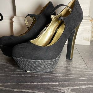 Guess Black Suede Gold Heel Platform Heels